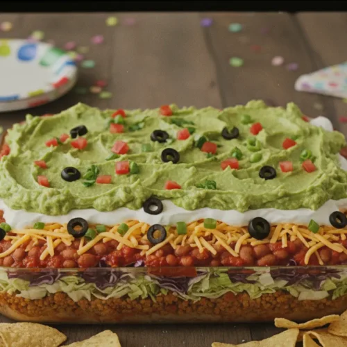 A vibrant 7-layer dip topped with fresh cilantro and tomatoes, ready for serving.