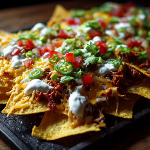 A large plate of ultimate nachos generously topped with cheese, salsa, and guacamole.