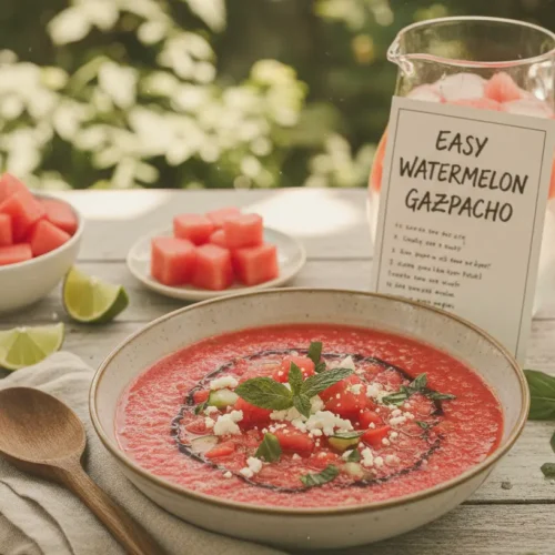 A bowl of vibrant red watermelon gazpacho garnished with mint and cucumber.