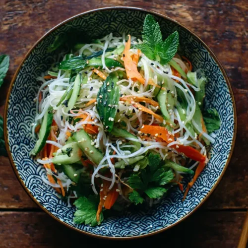 A vibrant bowl of Asian cold noodle salad with colorful vegetables and fresh herbs.
