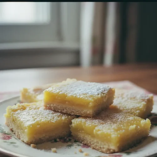 A tray of freshly baked lemon bars, dusted with powdered sugar, ready to be served.